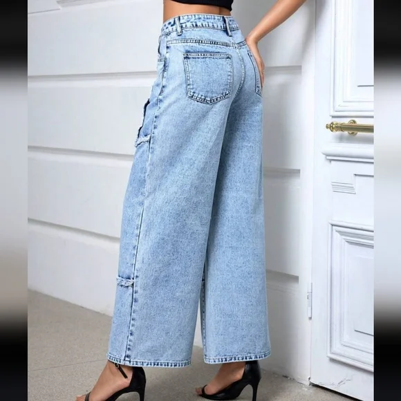 Patchwork Panelled Frayed Seam Wide Leg High Rise Jeans Size 31 - Picture 10 of 17